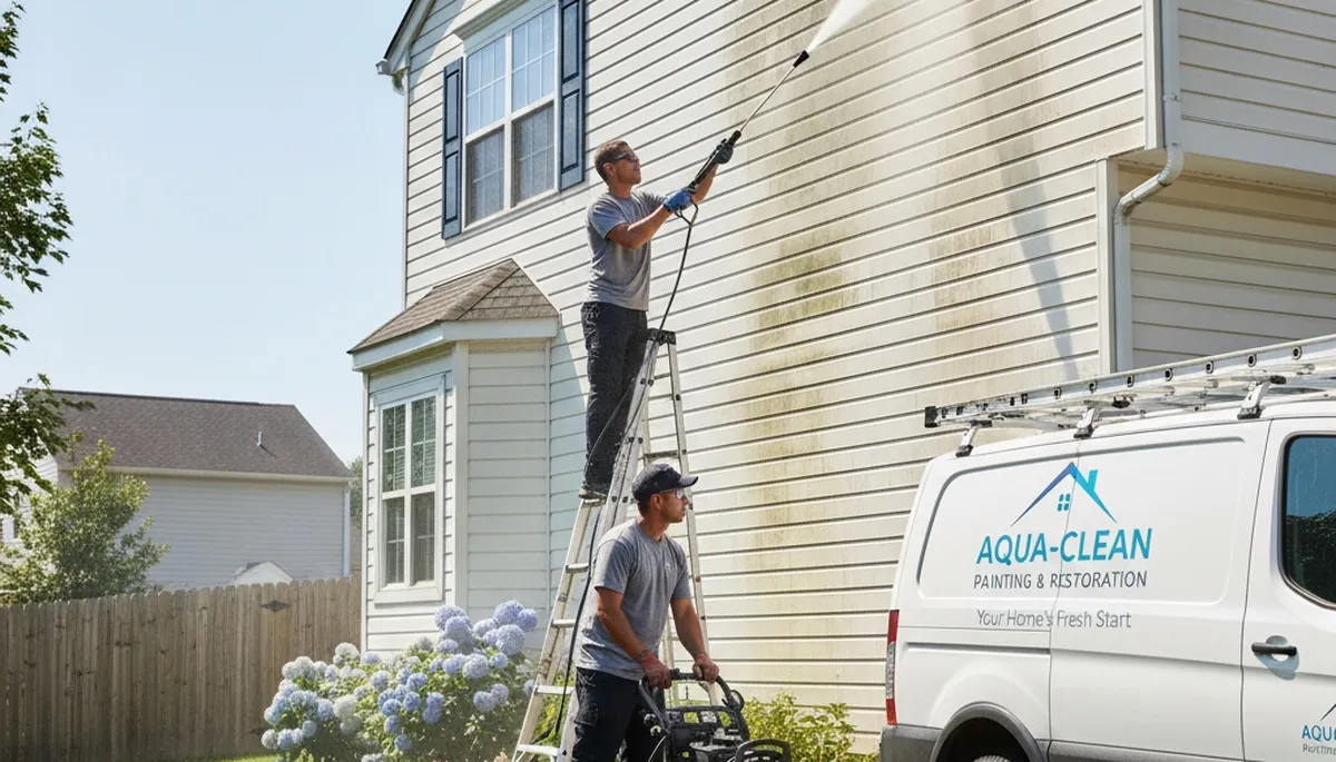 San Jose, CA painting crew pressure washing vinyl siding on a home exterior