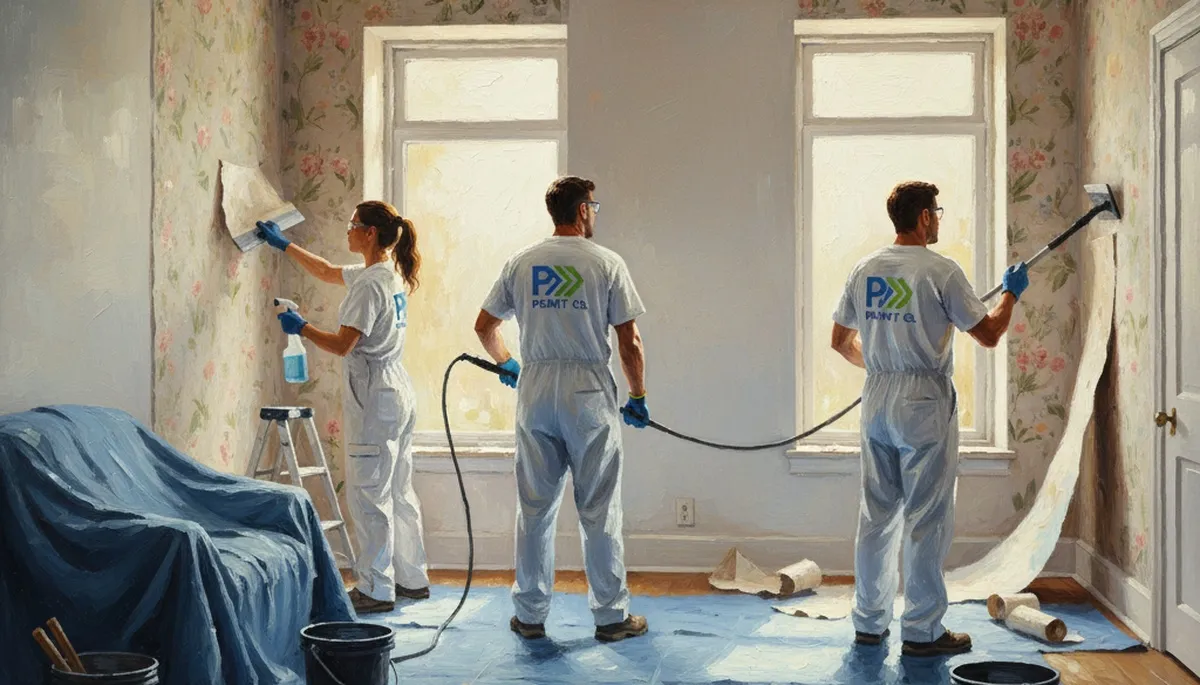 San Jose Paint Pros removing old wallpaper in a San Jose, CA home interior